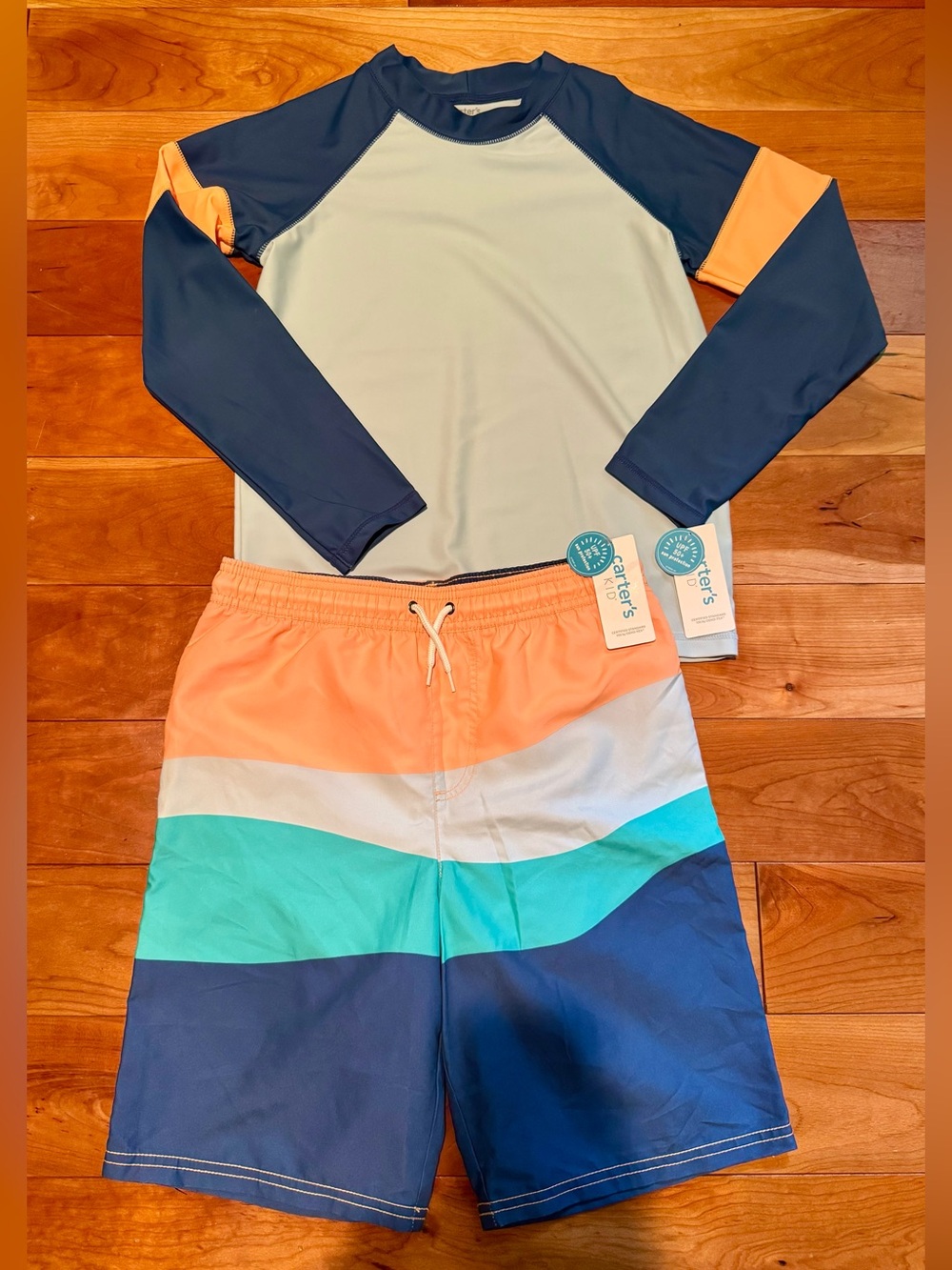 NWT Carter's Light Blue & Navy Long-Sleeve Rashguard Top and Swim Trunk Bottoms